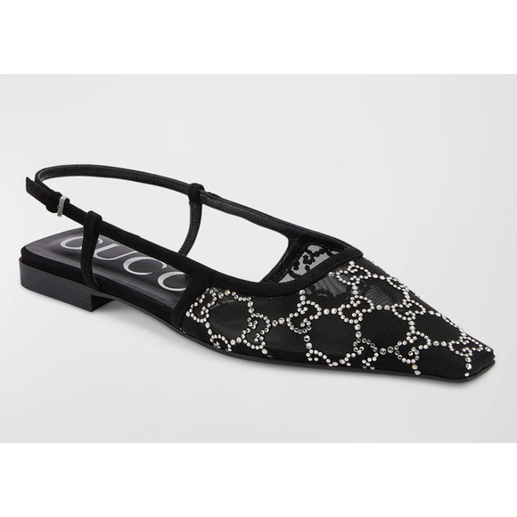 Gucci Demi GG Crystal Mesh Black Silver Slingback Ballerina Ballet Flat 38.5 - Picture 3 of 16